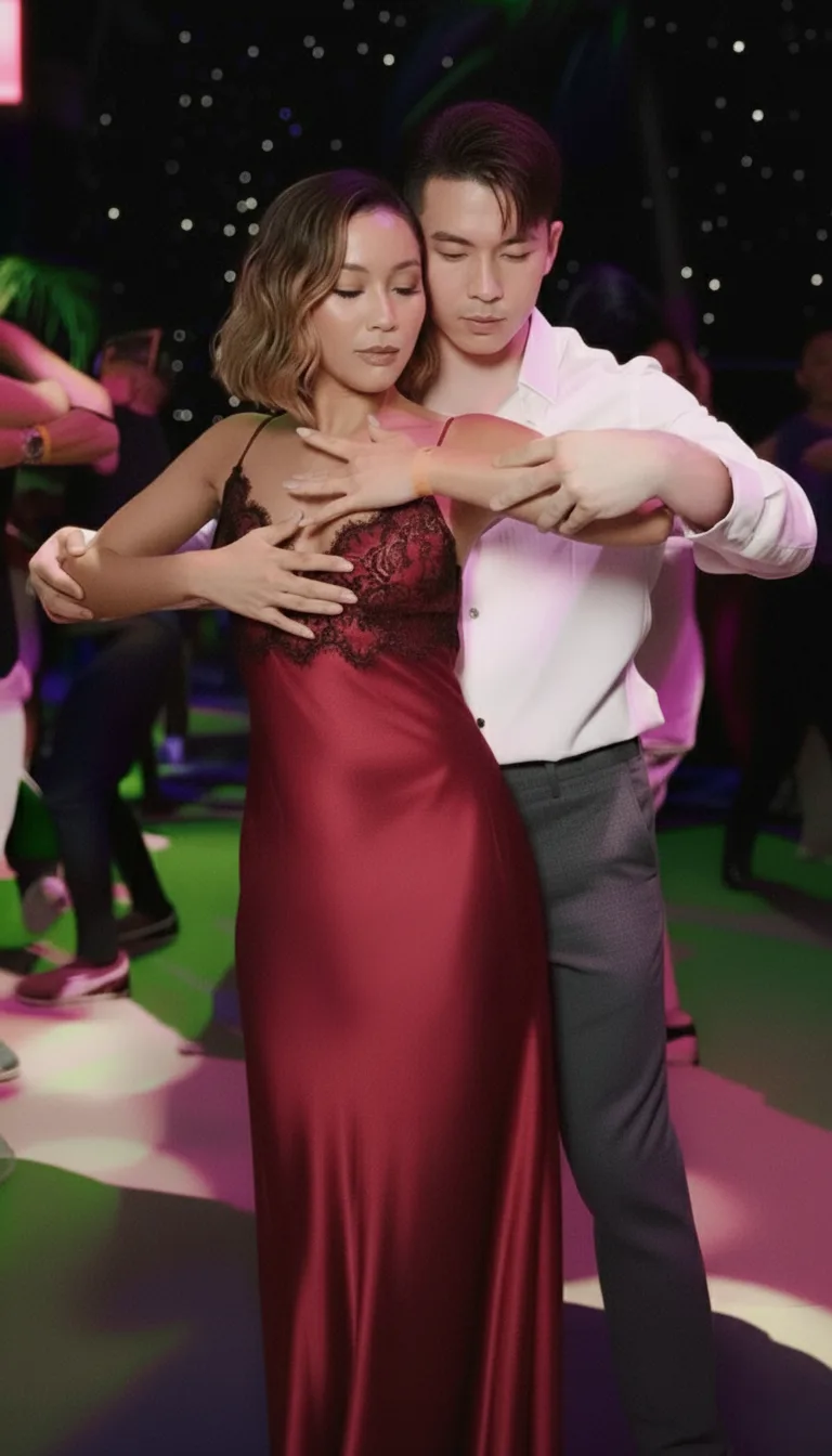 A couple in a close embrace while dancing bachata; she wears a red satin dress, he wears a white shirt