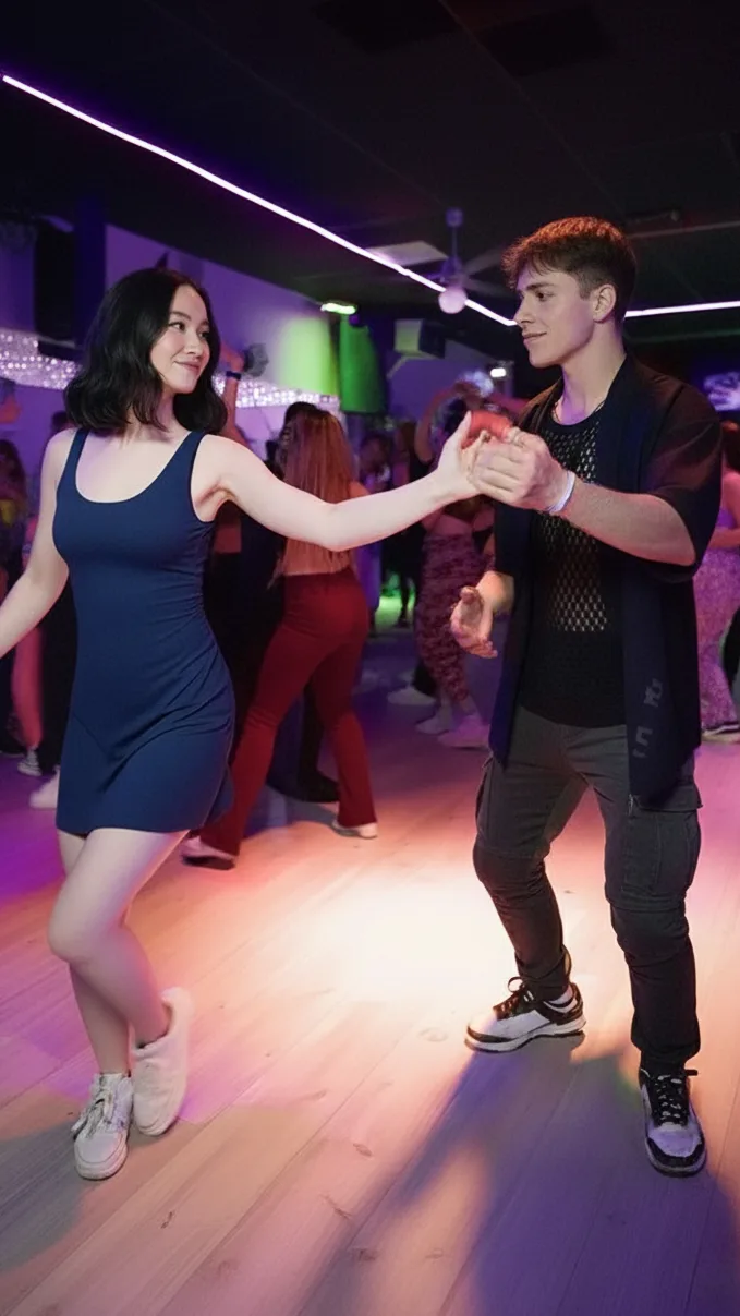 A man in a black shirt and a woman in a blue dress smiling as they dance bachata.